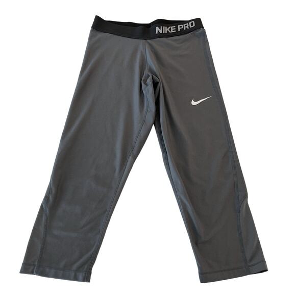 Nike Pro Gray Black Crop Athletic Dri- Fit Leggings Size Youth Girl's XL - Picture 1 of 3